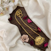 Vriksham Antique Gold-Plated Lotus Motif Temple Pendant Chain Necklace-Gold Drop Bead-G19591